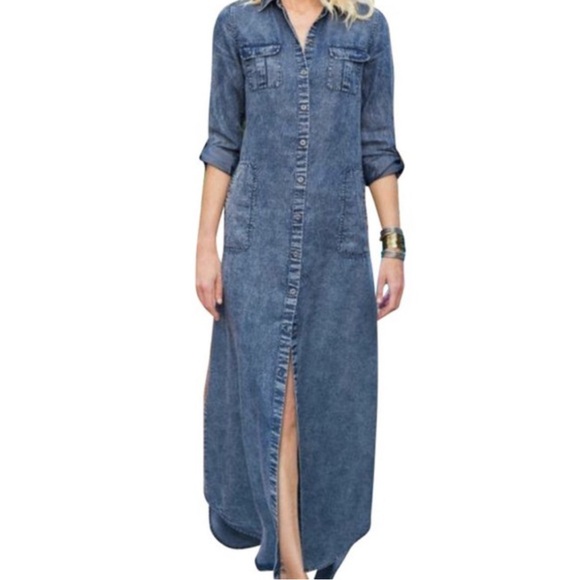 Soft Surroundings Acid Wash Chambray Western Boho Button Down Maxi Dress M - Picture 1 of 11